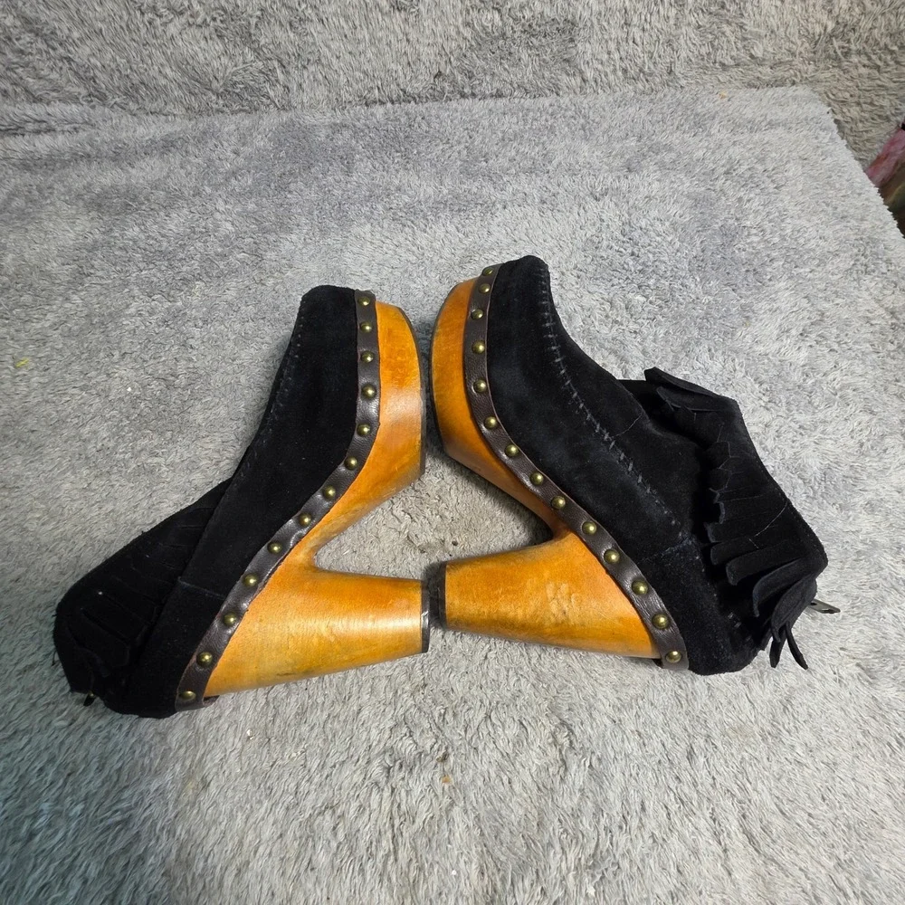 Flogg Moccasin Clog Booties Black Suede Fringe Studded Wood Heel Womens 7.5‎